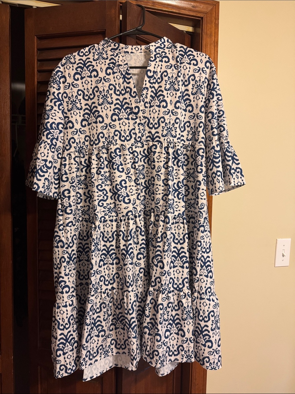 Blue and White Printed Tiered Dress